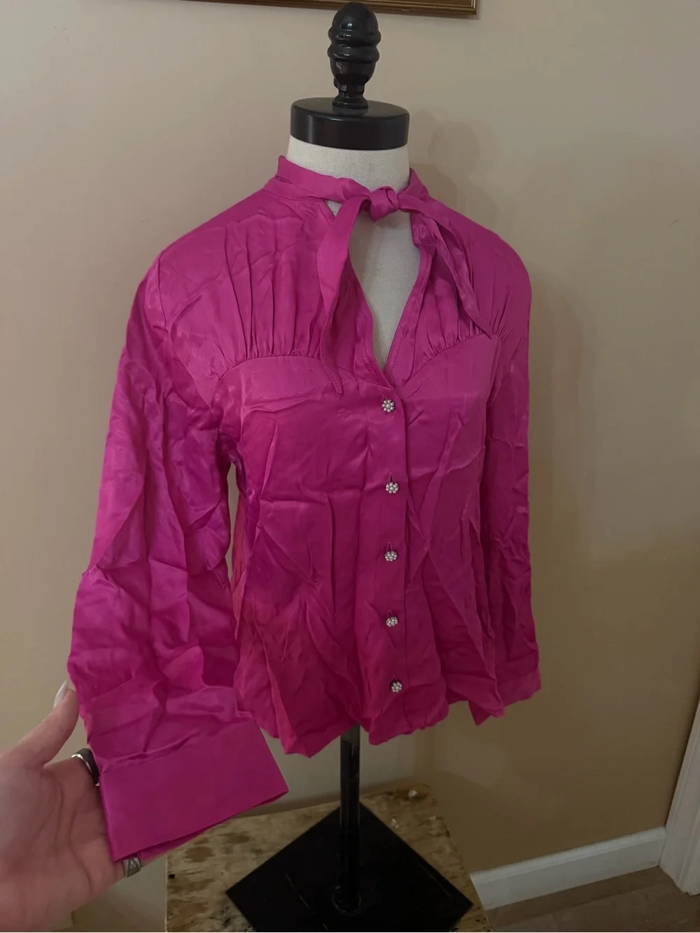 Zara Tie-Neck Button-Front pink Blouse